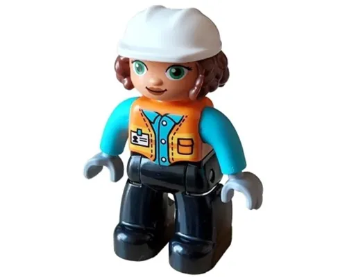 Duplo Figure Lego Ville, Female, Black Legs, Orange Vest with Badge and Pocket, Medium Azure Arms, Light Bluish Gray Hands, White Construction Helmet (6427943) Image