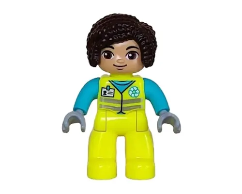 Duplo Figure Lego Ville, Female Garbage Worker, Neon Yellow Uniform, Medium Azure Shirt, White Name Badge and Recycle Logo, Dark Brown Hair (6446215) Image