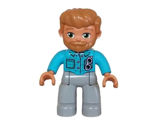 Duplo Figure Lego Ville, Male, Light Bluish Gray Legs, Medium Azure Jacket with Bright Pink Buttons and Glasses, Medium Nougat Hair and Beard (6465885) Image