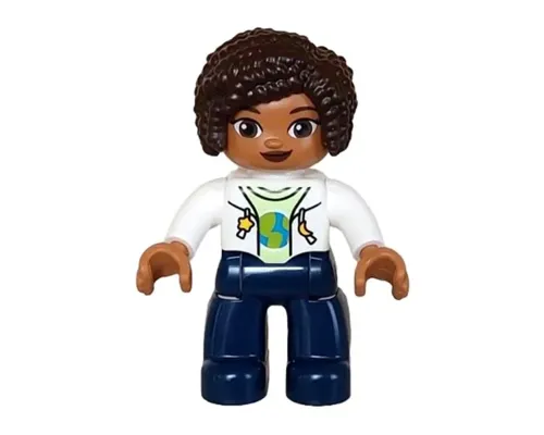 Duplo Figure Lego Ville, Female, Dark Blue Legs, White Vest with Star and Moon Fasteners, Yellowish Green Shirt, Dark Brown Hair (6442943) Image