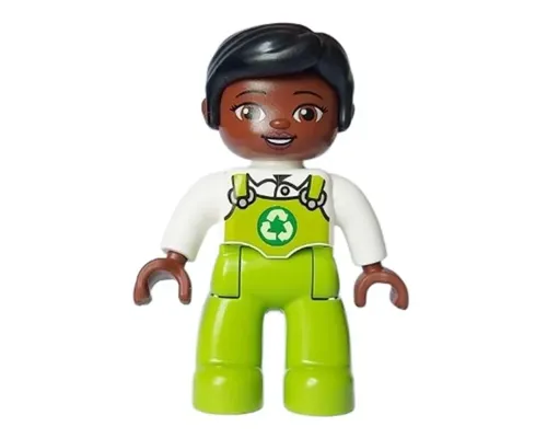 Duplo Figure Lego Ville, Female, Lime Legs with Overalls and Recycling Logo, Black Hair (6464666) Image