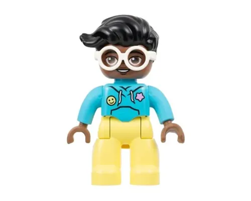 Duplo Figure Lego Ville, Female, Bright Light Yellow Legs, Medium Azure Hoodie Shirt, White Glasses, Black Hair (6446173) Image