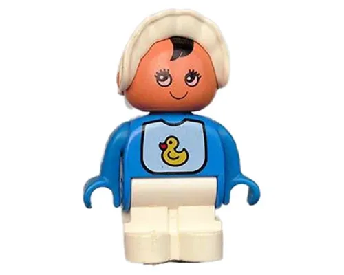 Duplo Figure, Child Type 1 Baby, White Legs, Bib with Duck Pattern, White Bonnet Image