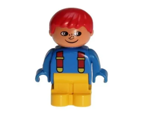 Duplo Figure, Child Type 1 Boy, Yellow Legs, Blue Top with Red Suspenders, Red Hair, Freckles, White in Eyes Image