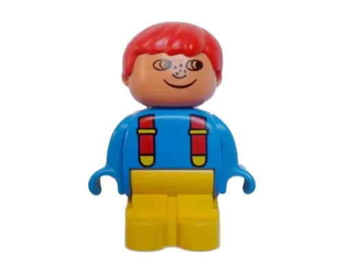 Duplo Figure, Child Type 1 Boy, Yellow Legs, Blue Top with Red Suspenders, Red Hair, Freckles Image