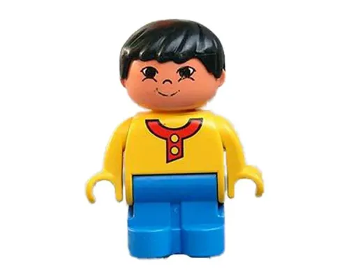 Duplo Figure, Child Type 1 Boy, Blue Legs, Yellow Top with Buttons and Red Collar, Black Hair, Grin Image