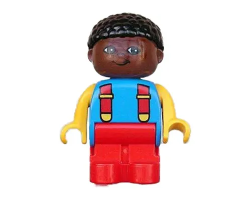 Duplo Figure, Child Type 1 Boy, Red Legs, Blue Torso with 2 Straps, Yellow Arms, Brown Head with Black Curly Hair Image