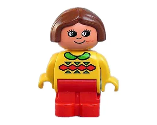 Duplo Figure, Child Type 1 Girl, Red Legs, Yellow Top with Green Collar, Brown Hair Image