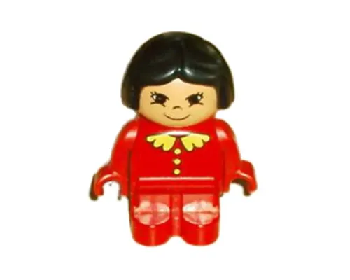 Duplo Figure, Child Type 1 Girl, Red Legs, Red Top with Yellow Buttons and Collar, Black Hair, Eyelashes, Grin Image