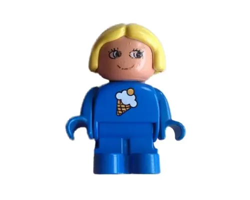 Duplo Figure, Child Type 1 Girl, Blue Legs, Blue Top with Ice Cream Cone Pattern, Yellow Hair Image