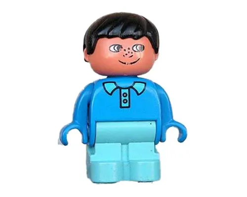 Duplo Figure, Child Type 1 Boy, Maersk Blue Legs, Blue Top with Collar and 2 Buttons, Black Hair Image