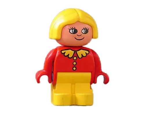 Duplo Figure, Child Type 1 Girl, Yellow Legs, Red Top with Collar and 3 Buttons, Yellow Hair, White in Eyes Image