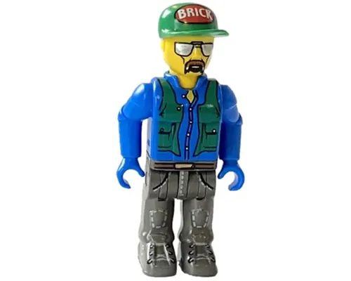 Construction Worker with Blue Shirt, Green Vest and Cap with the Word 'Brick', Sunglasses and Moustache Image