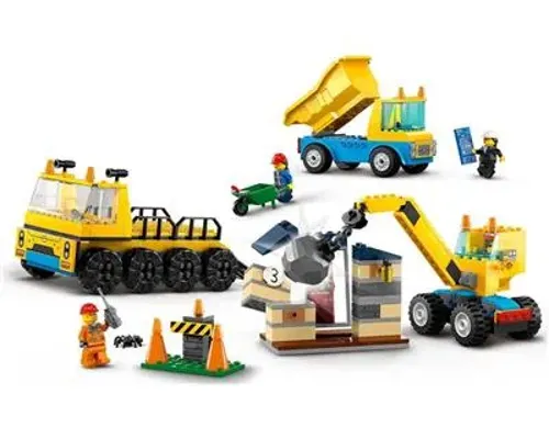 Construction Trucks and Wrecking Ball Crane Image