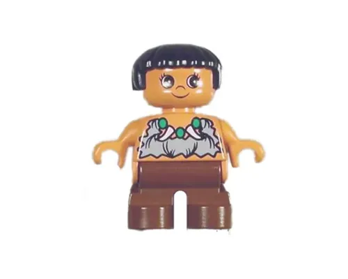 Duplo Figure, Child Type 2 Girl, Brown Legs, Animal Tooth / Claw Necklace, Black Hair (Caveman) Image