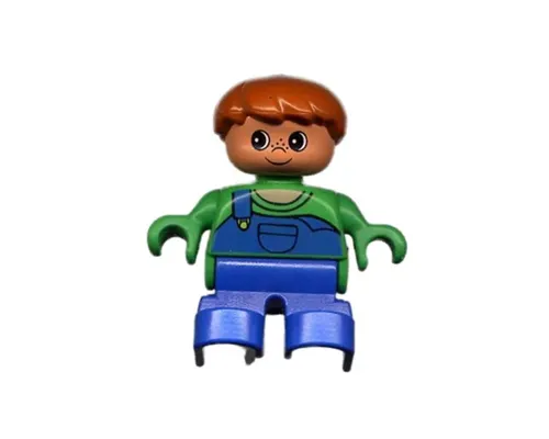 Duplo Figure, Child Type 2 Boy, Blue Legs, Green Top with Blue Overalls with one Strap Image