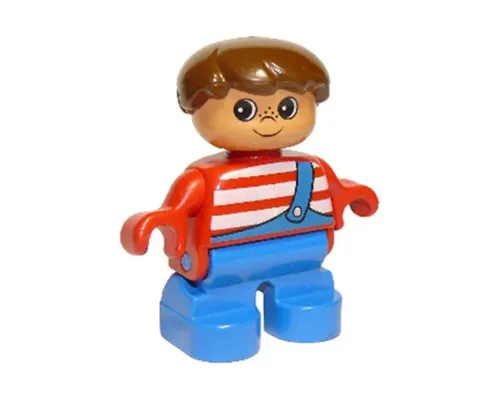 Duplo Figure, Child Type 2 Boy, Blue Legs, Red Top with White Stripes and Blue Overalls with One Strap Image