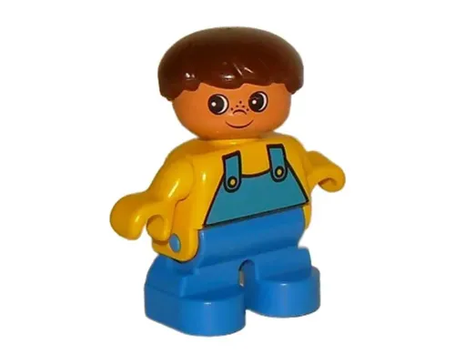 Duplo Figure, Child Type 2 Boy, Blue Legs, Yellow Top with Blue Overalls, Brown Hair Image