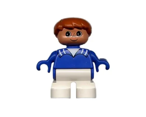 Duplo Figure, Child Type 2 Boy, White Legs, Blue Top with White Stripes on Collar, Brown Hair Image