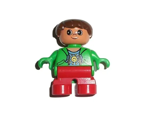 Duplo Figure, Child Type 2 Boy, Red Legs, Green Top with Sun Pattern Shirt, Brown Hair Image