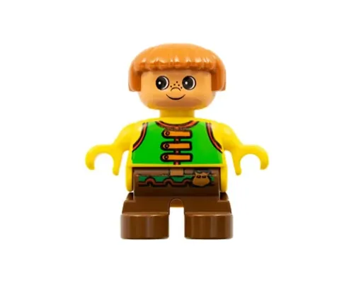 Duplo Figure, Child Type 2 Boy, Brown Legs, Green Vest with Brown Straps and Belt with Sash Image