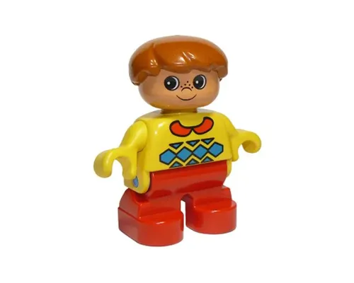 Duplo Figure, Child Type 2 Boy, Red Legs, Yellow Sweater with Red Collar Image