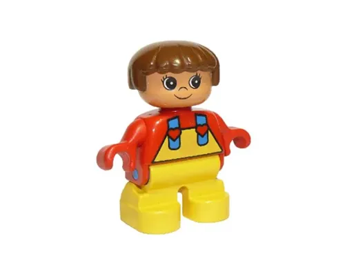 Duplo Figure, Child Type 2 Girl, Yellow Legs, Red Top with Yellow Overalls and Hearts on Straps Image