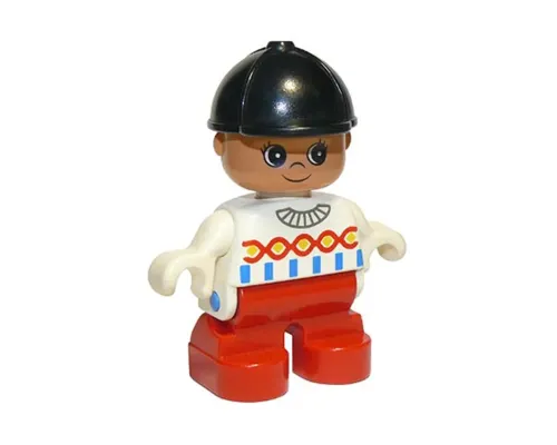 Duplo Figure, Child Type 2 Girl, Red Legs, White Top with Red, Yellow and Blue Designs, Black Riding Hat Image