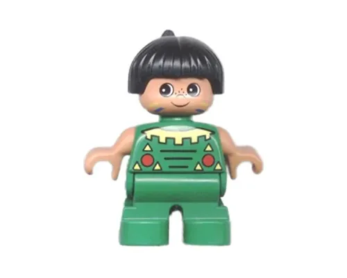 Duplo Figure, Child Type 2 Boy, Green Legs, Green Top, Black Hair (Native American) Image