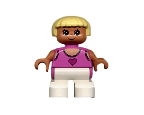 Duplo Figure, Child Type 2 Girl, White Legs, Dark Pink Lace Tank Top with Heart, Yellow Hair Image