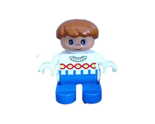 Duplo Figure, Child Type 2 Boy, Blue Legs, White Sweater with Chain Pattern, Dark Orange Hair Image