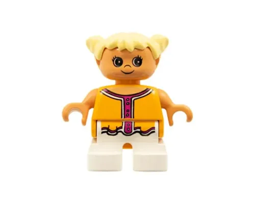 Duplo Figure, Child Type 2 Girl, White Legs, Orange and Dark Pink Top , Yellow Hair Pigtails Image