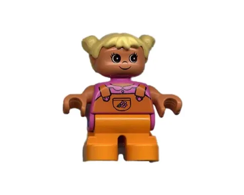 Duplo Figure, Child Type 2 Girl, Orange Legs, Dark Pink Top with Orange Overalls with Flower, Yellow Hair Pigtails Image