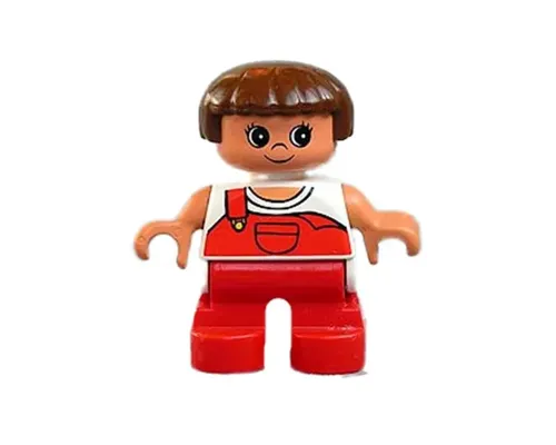 Duplo Figure, Child Type 2 Girl, Red Legs, White Top with Red Overalls with one Strap Image