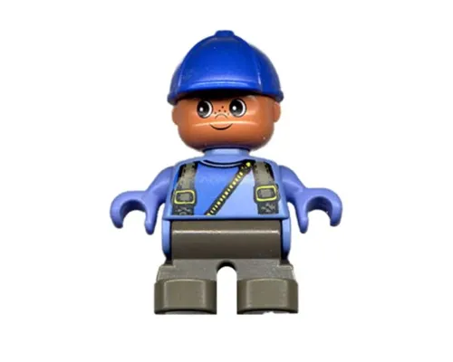 Duplo Figure, Child Type 2 Boy, Dark Gray Legs, Suspenders with Yellow Zipper, Blue Cap Image