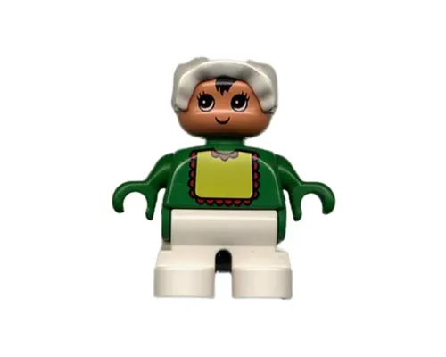 Duplo Figure, Child Type 2 Baby, White Legs, Green Top with Yellow Bib with Red Lace, White Bonnet (75464) Image