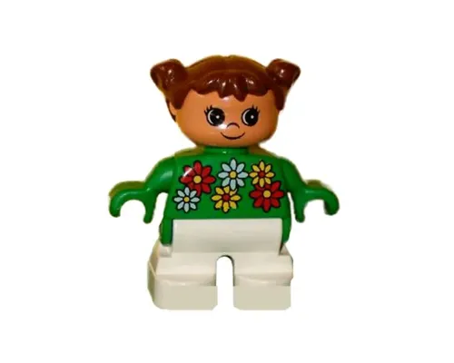 Duplo Figure, Child Type 2 Girl, White Legs, White, Red and Yellow Flowers, Brown Hair Image