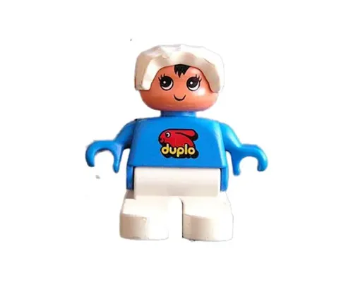 Duplo Figure, Child Type 2 Baby, White Legs, Blue Top with Duplo Bunny Logo, White Bonnet Image