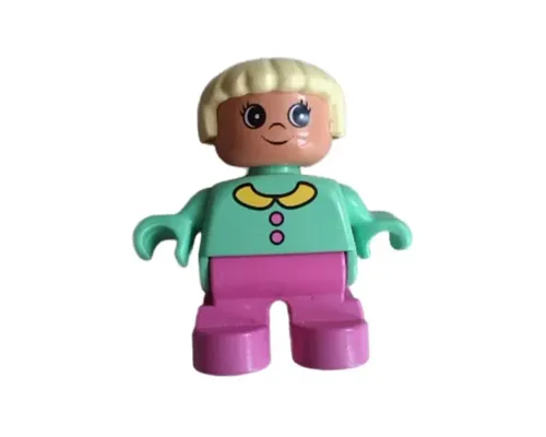 Duplo Figure, Child Type 2 Girl, Dark Pink Legs, Medium Green Top with Buttons and Collar, Light Yellow Hair Image