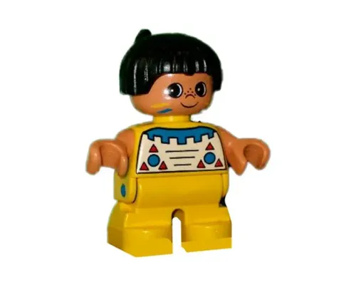 Duplo Figure, Child Type 2 Boy, Yellow Legs, Top with Geometric Pattern, Black Hair with Feather (Native American) Image