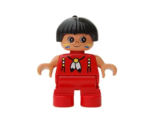 Duplo Figure, Child Type 2 Girl, Red Legs, Red Top with Feather Necklace, Black Hair with Feather (Native American) Image