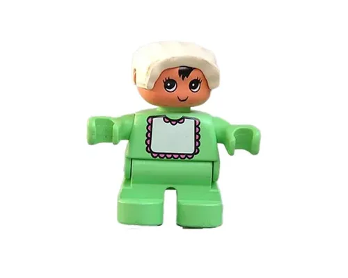 Duplo Figure, Child Type 2 Baby, Medium Green Legs, Medium Green Top with White Bib with Dark Pink Lace, White Bonnet Image