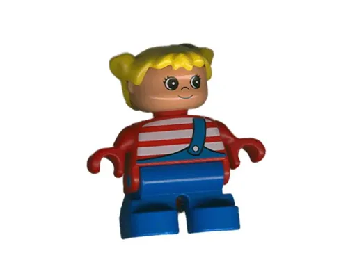 Duplo Figure, Child Type 2 Girl, Blue Legs, Red Top with White Stripes, Yellow Hair Pigtails Image