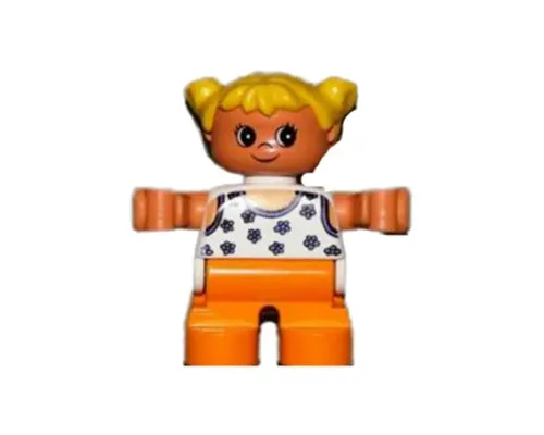 Duplo Figure, Child Type 2 Girl, Orange Legs, White Blouse with Blue Flowers, Yellow Hair Pigtails Image