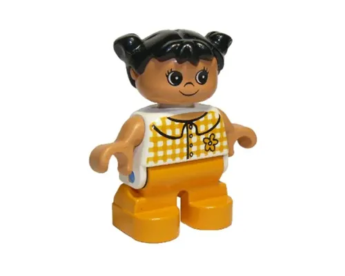 Duplo Figure, Child Type 2 Girl, Medium Orange Legs, Checkered Blouse, Black Hair Pigtails Image