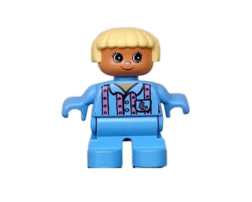 Duplo Figure, Child Type 2 Girl, Medium Blue Legs, Medium Blue Top with Pink Stripes and Bunny Logo, Light Yellow Hair Image