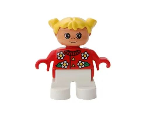 Duplo Figure, Child Type 2 Girl, White Legs, Red Top with Flowers Pattern, Collar And 2 Buttons, Yellow Hair Pigtails Image