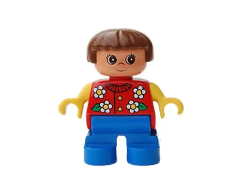 Duplo Figure, Child Type 2 Girl, Blue Legs, Red Torso With Flowers Pattern, Collar And 2 Buttons, Yellow Arms, Brown Hair Image