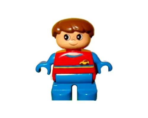 Duplo Figure, Child Type 2 Boy, Blue Legs, Red Top with Yellow and Blue Stripes and Yellow Car Logo, Blue Arms, Brown Hair Image