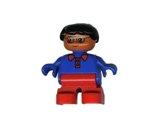 Duplo Figure, Child Type 2 Boy, Red Legs, Blue Top with Red Collar, Black Hair, Glasses Image